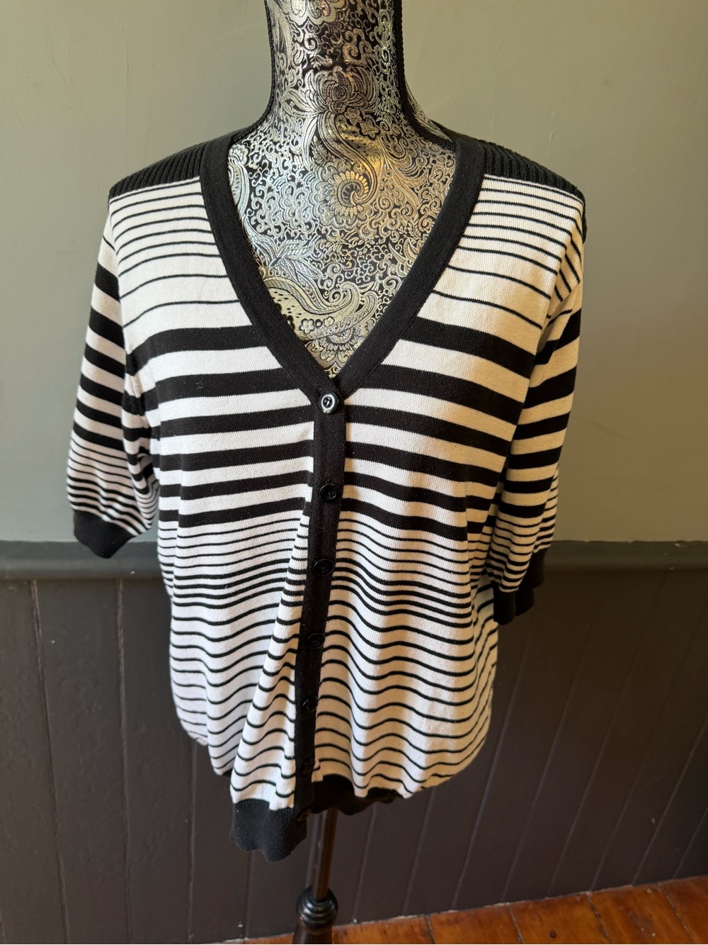 Cathy Daniels Black and White Striped Knit Cardigan